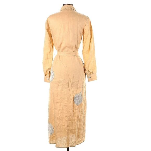 Zara 100% Linen White Beaded Leaf Tan Button Down Boho Collar Artsy Dress Small - Picture 4 of 12